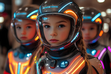 Children in a kindergarten dressed as astronauts exploring imaginary space. A playful activity sparks imagination and love for science