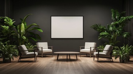 A sleek office waiting area with a blank digital display, modern sofas, a table, plants, and polished wooden flooring, captured in a 3D rendering