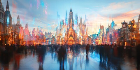 Fototapeta premium Wide-angle view of a whimsical castle merging with a bustling cityscape