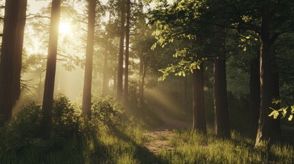 Obraz premium Sunlit Forest Path: A Serene Morning in the Woods