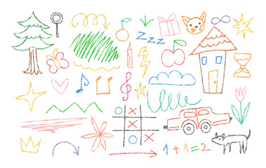 Crayon fun cute kid colorful line art doodle set badge, scribble line flower, background. Hand drawn doodle sketch childish element set. Flower, butterfly, cloud children draw style design elements