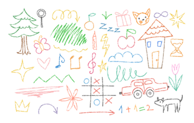 Crayon fun cute kid colorful line art doodle set badge, scribble line flower, background. Hand drawn doodle sketch childish element set. Flower, butterfly, cloud children draw style design elements