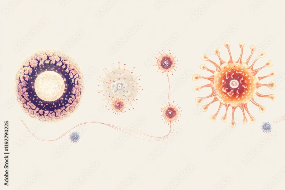 Aufkleber Illustrated stages of viral lifecycle showing penetration, replication, and spreading processes in scientific visualization. Generative AI