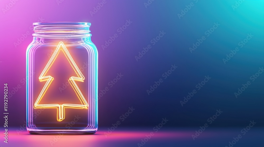 Poster neon lighted jar with tree design on colorful background