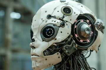 Fototapeta premium White and chrome android with exposed wires and intricate detail is pondering outside as rain falls