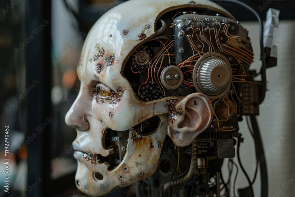 Poster robot head with exposed electronic circuits showing concept of artificial intelligence