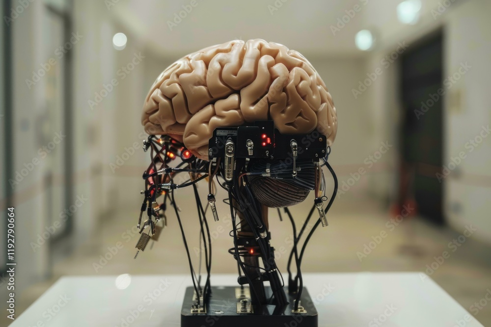 Aufkleber model of the human brain with wires and lights, suggesting artificial intelligence and neural networ