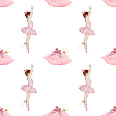 Ballet watercolor pattern. Little ballerina and and a pillow with pointe shoes and a crown. Hand drawn seamless incredible girl dancer in pink tutu skirt. Clip art on isolated white background of cute