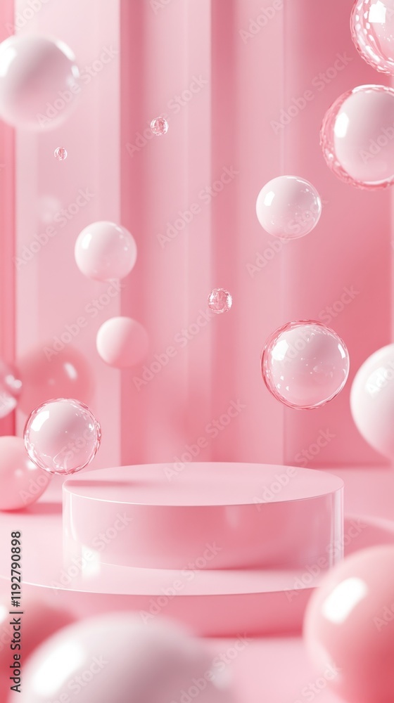 Poster elegant pink background with floating bubbles and circular stand