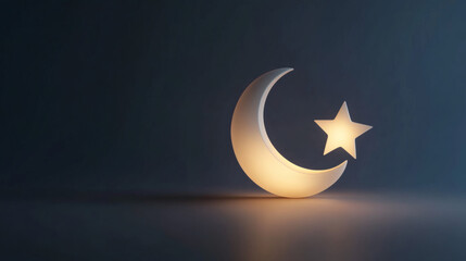 A gold crescent moon and stars 3d illustration illuminates the dark background for islamic ramadan celebration