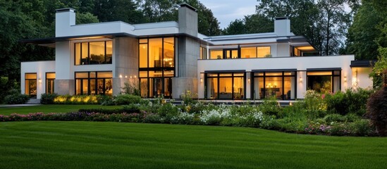 Obraz premium Luxury Modern Mansion at Dusk: Architectural marvel showcasing elegance and sophistication, nestled amidst lush greenery.