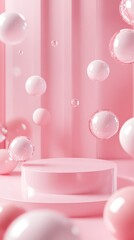 Elegant Pink Background with Floating Bubbles and Circular Stand