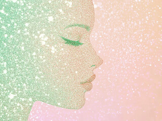 Serene Sparkle: A dreamy profile of a woman, her face delicately rendered in shades of pastel green and pink glitter, evokes a sense of calm and ethereal beauty. 