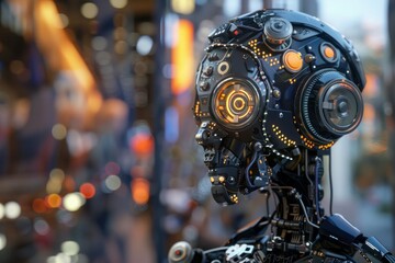 Sophisticated humanoid robot experiencing a bustling city environment