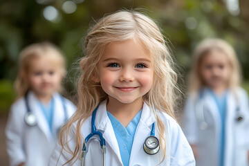 Children in a kindergarten dressed as doctors, engaging in a playful and educational activity to learn about healthcare and caring for others