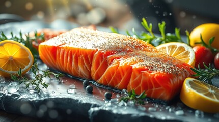 salmon fillet, herbs, and lemon on a black background, creating a mystical aura with light beams through fog