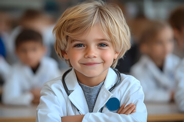 Children in a kindergarten dressed as doctors, engaging in a playful and educational activity to learn about healthcare and caring for others