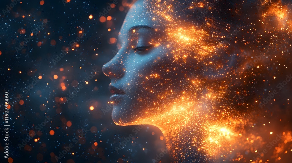 Poster dissolving figure blending into glowing cosmic unity conceptual portrait with copy space