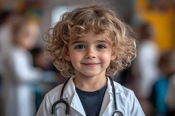Children in a kindergarten dressed as doctors, engaging in a playful and educational activity to learn about healthcare and caring for others