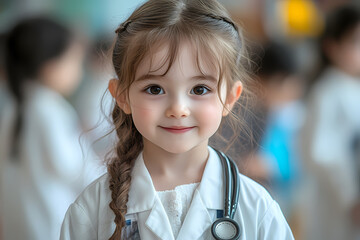 Children in a kindergarten dressed as doctors, engaging in a playful and educational activity to learn about healthcare and caring for others