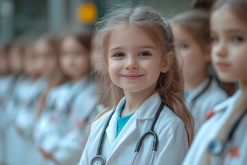 Children in a kindergarten dressed as doctors, engaging in a playful and educational activity to learn about healthcare and caring for others