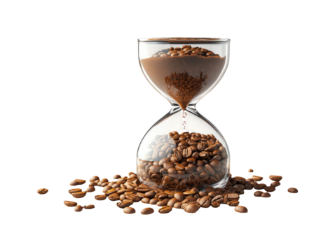 Hourglass with Coffee Grains and Rising Aroma on Transparent Background