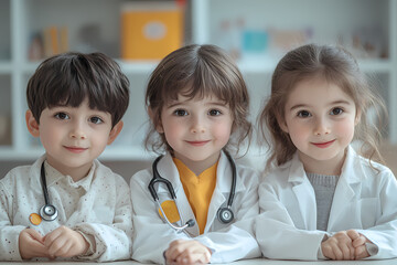 Children in a kindergarten dressed as doctors, engaging in a playful and educational activity to learn about healthcare and caring for others