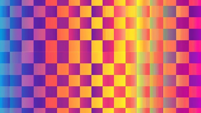 An abstract pattern of squares in a gradient of blue, purple, orange, and yellow.