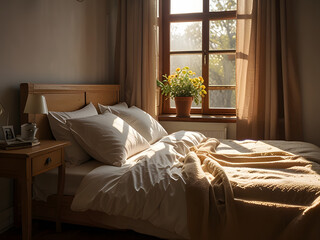 Sunny warm bedroom with strong blinding sunlight early morning coming from the window 