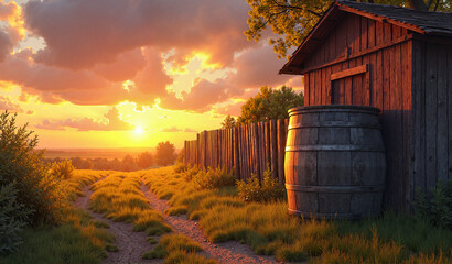Obraz premium Old-fashioned rain barrel beside cottage at sunset, sustainability concept
