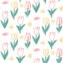 Tulip flowers crayon drawn seamless pattern. Colorful floral allover background. Line art stroke botany repeat cover. Surface pattern design spring motif. Vector hand drawn illustration.