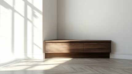 Minimalist brown corner TV stand in a well-lit modern room, with clean lines and empty copyspace for innovative decoration ideas