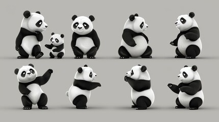 Obraz premium A set of eight images of a cartoon panda bear in various poses.