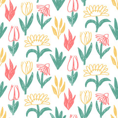 Flowers crayon drawn seamless pattern. Colorful floral allover background. Line art botany repeat cover. Surface pattern design spring motif. Vector hand drawn tulip, daisy, sunflower illustration.