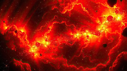 space scene with intense dramatic lighting. Warm tones of red, orange, and yellow create high contrast, showing stars, nebulae, and galaxies