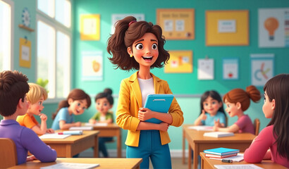 Obraz premium Smiling teacher engaging with students in vibrant classroom, education