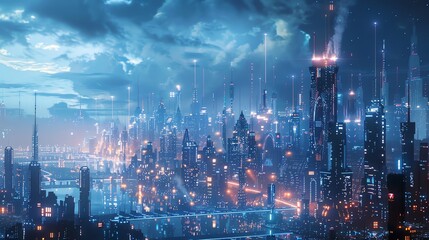 A futuristic city at night with glowing lights.