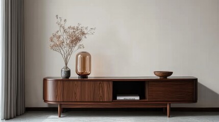 Minimalist home interior with a brown corner TV stand, set in a clean space with empty copyspace for showcasing decor and design ideas