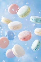 Fototapeta premium Colorful Macarons Dance Playfully in the Air, Creating a Whimsical Celebration of Sweetness and Delight Against a Dreamy Blue Backdrop. Generative AI