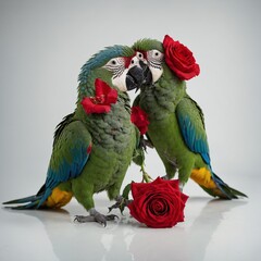 Fototapeta premium A pair of parrots playing with a red rose, their feathers intertwined and vivid against a smooth white backdrop.