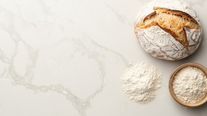 Artisan Sourdough Bread Flour Baking Ingredients on Marble Background