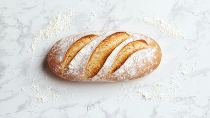 Freshly Baked Artisan Bread Loaf on Marble Surface with Flour Dust