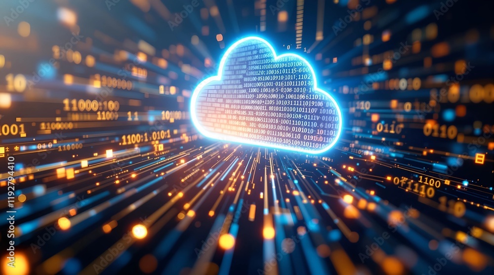 Poster futuristic cloud computing: holographic technology with digital data flow