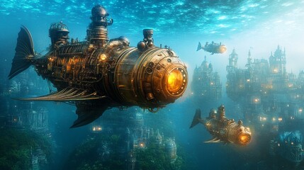 Steampunk submarines explore a mystical underwater city illuminated by the ocean's glowing lights.