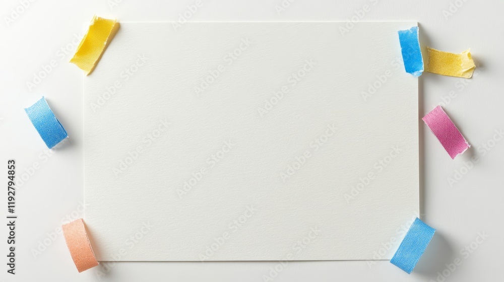 Poster realistic single note paper on background with colorful tape borders