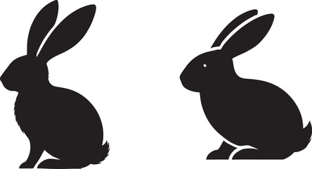 Black silhouettes, cartoon rabbits, bunny illustrations, minimalist design, three rabbits, front and back views, stylized animal shapes, white heart details, long ears, simple geometric forms