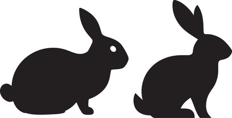 Black silhouettes, cartoon rabbits, bunny illustrations, minimalist design, three rabbits, front and back views, stylized animal shapes, white heart details, long ears, simple geometric forms
