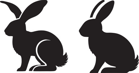 Black silhouettes, cartoon rabbits, bunny illustrations, minimalist design, three rabbits, front and back views, stylized animal shapes, white heart details, long ears, simple geometric forms