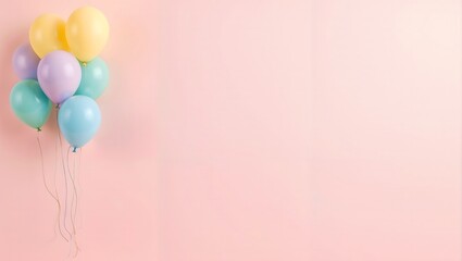 flat, elegant birthday-themed background featuring  with an arrangement of balloons in various colors placed on pastel pink background with copy space.