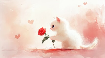 Cute White Kitten Holding a Red Rose in a Romantic Setting
